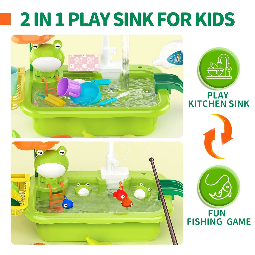 Kids Electric Kitchen Sink Toy – Pretend Play Dishwasher with Running Water & Fishing Game for Girls