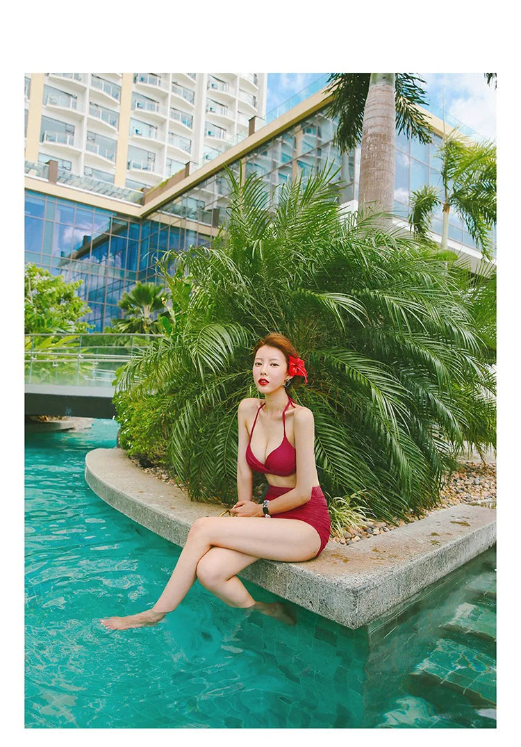 2024 Women's Swimwear Female Swimsuit Red Padded Triangle Bathing Suits Girls Korean High Waisted Bikini Set Beach Wear Swim