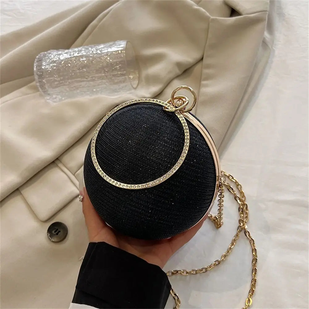 Gold Bright Silk Circular Evening Bag Women Banquet Clutch Rhinestone Decor Chain Shoulder Bags Luxury Female Party Handbags
