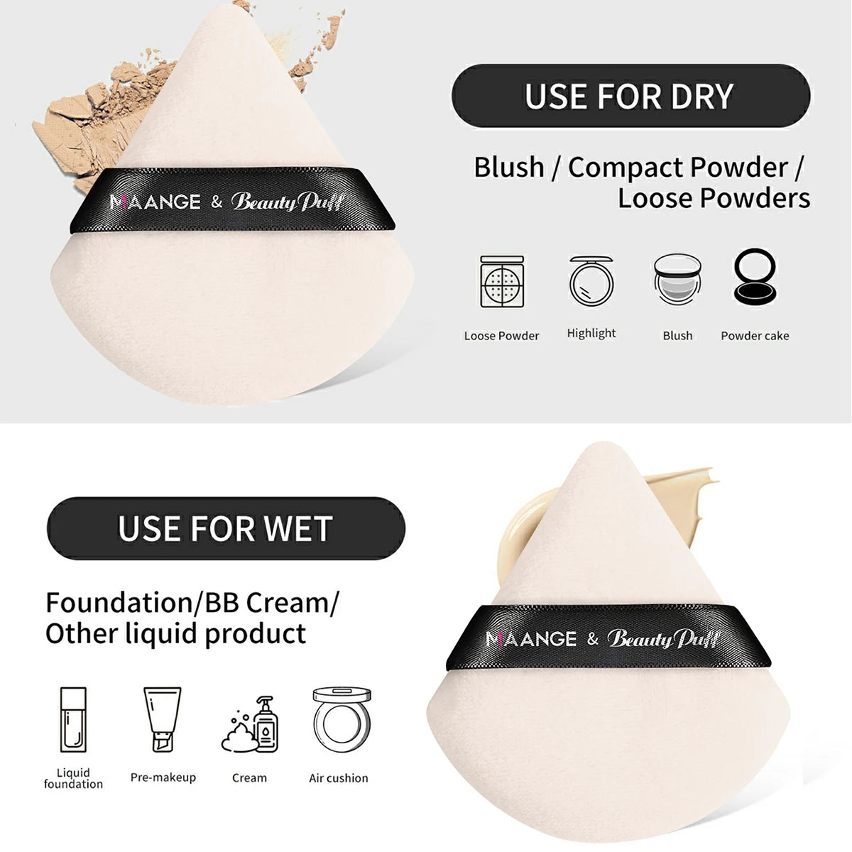 Maange 3-Piece Makeup Brush Set – Concealer, Eye Shadow & Blending Brushes with 2 Triangle Powder Puffs