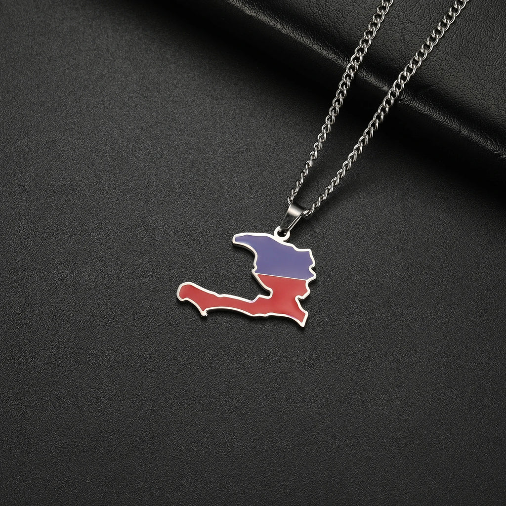 Haiti Flag Map Pendant Necklace – Stainless Steel Haitian Pride Jewelry for Men & Women