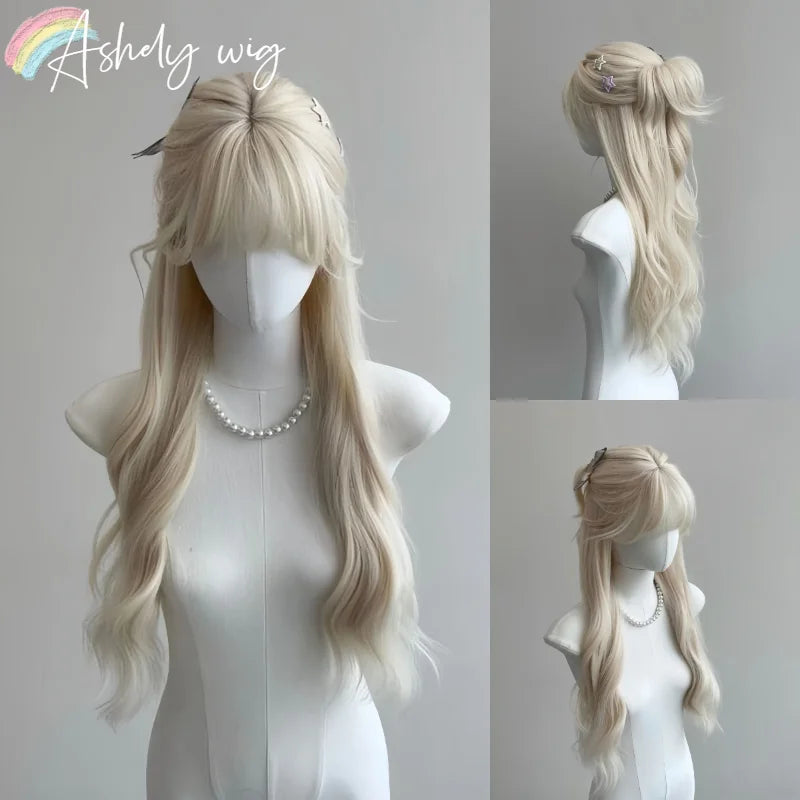 Ashely Wig White Blonde Wig for Women Long Wavy Hair Heat-resistant White Wisg with Bangs Lolita Synthetic Wigs 가발