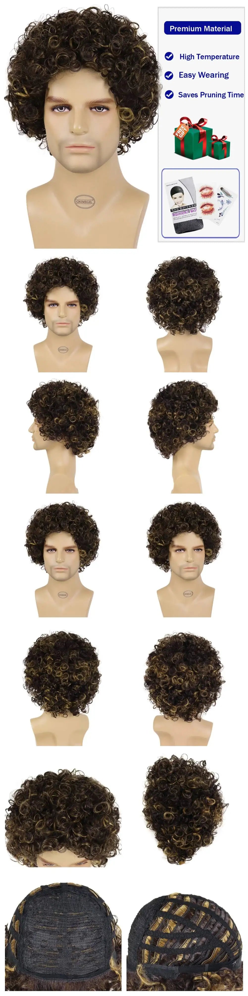 Synthetic Big Curly Wigs for Men Black Mixed Brown African Elastic Curls Hair Short Afro Wig Daily Breathable Man Wig Braided