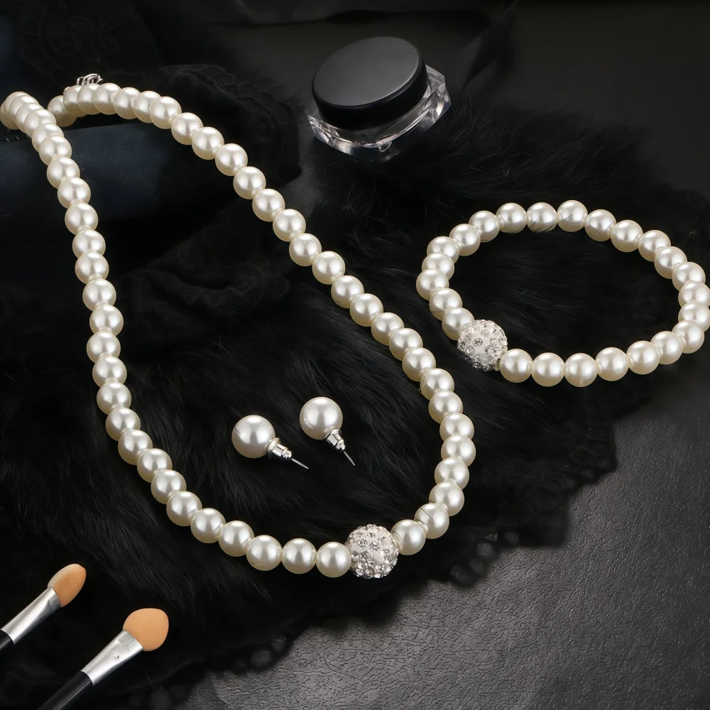 3 PCS Imitation Pearl Fireball Necklace Bracelet Earring Stud Jewelry Set Silver Color Crystal Stone Elegant Bridal Jewelry Gift