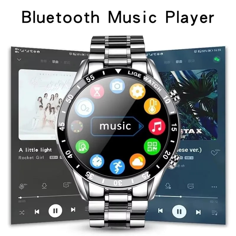 LIGE Men's Bluetooth Smartwatch – Full Touch Steel Sports Watch, IP67 Waterproof