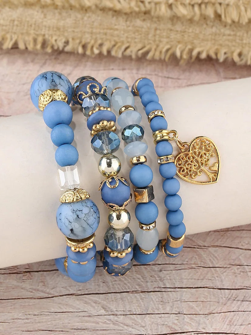New Acrylic Beads Chain Bracelet Set For Women Tree Of Life Charm Elastic Bangle Female Bohemian Jewelry Accessories