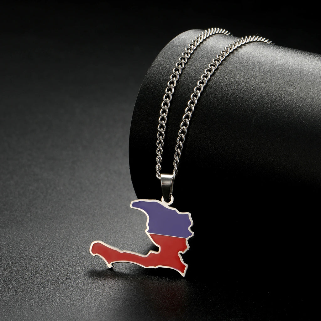 Haiti Flag Map Pendant Necklace – Stainless Steel Haitian Pride Jewelry for Men & Women