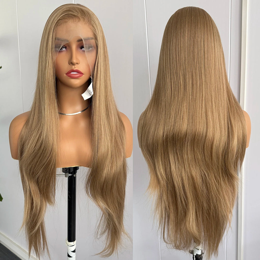 Blonde Highlights Lace Front Wig 13x4 Synthetic Long Silky Straight Wig for Women Mix Color Natural Looking Daily Wear Wigs