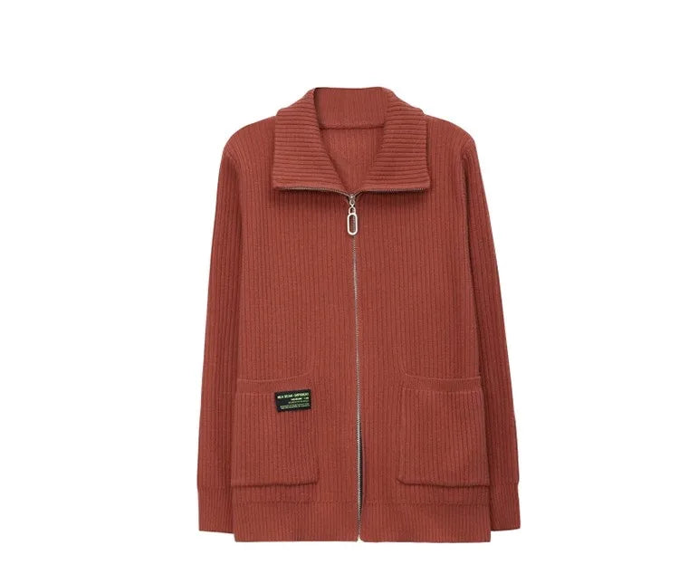 Knitted Cardigan Jacket Women Sweater New Autumn Winter Lapel Zipper Sweater Jacket Loose Solid Outerwear Female Sweatshirt Tops