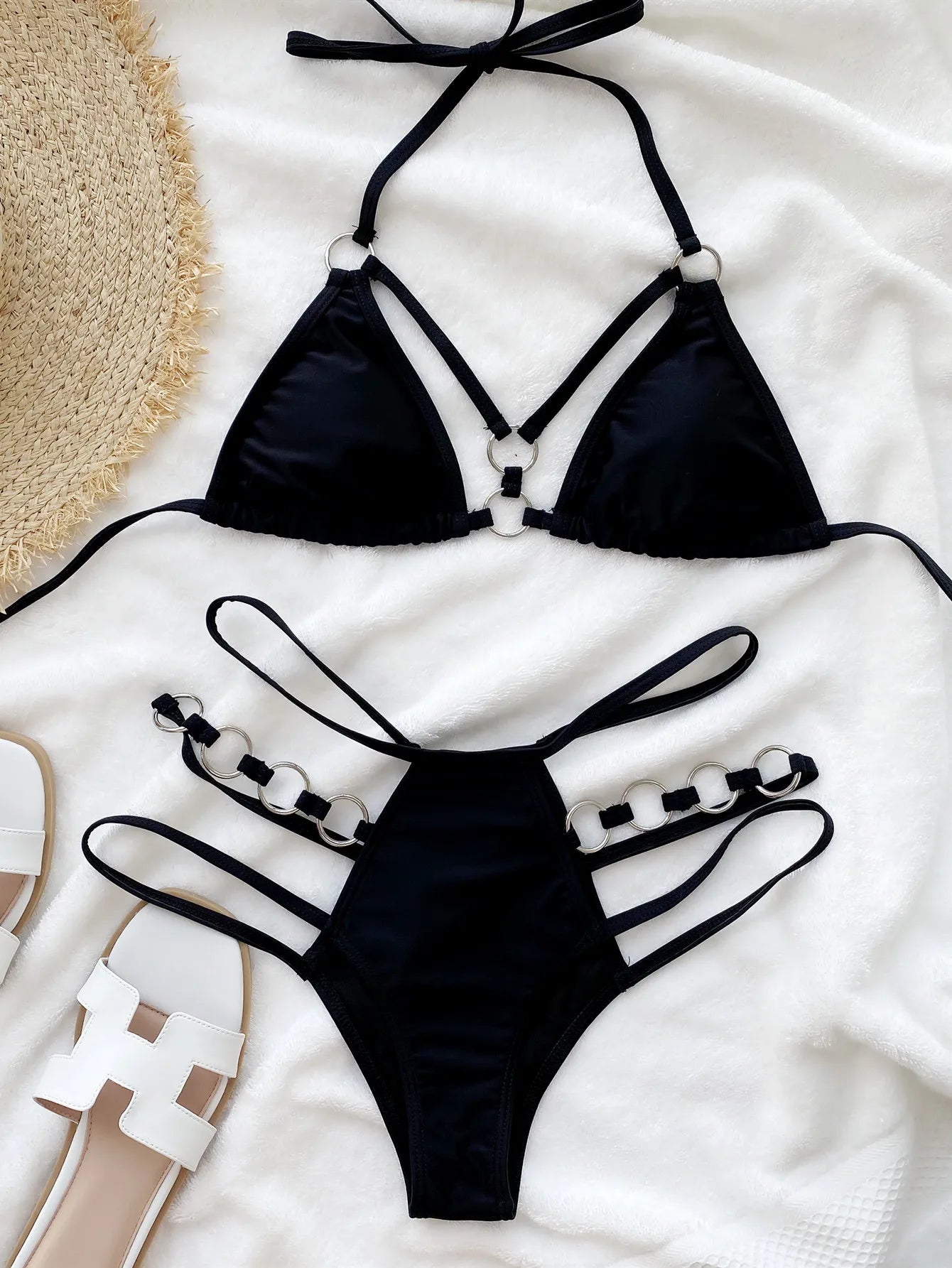 Hollow Halter Bikini Set with Metal Ring – Women's Solid Swimwear
