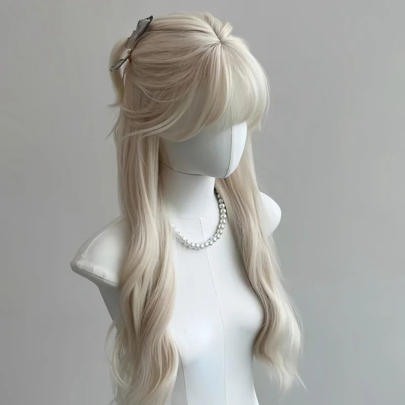 Ashely Wig White Blonde Wig for Women Long Wavy Hair Heat-resistant White Wisg with Bangs Lolita Synthetic Wigs 가발