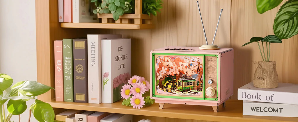 Robotime Rolife Sakura Dreamy Tour 3D Wooden Puzzle Music Box | LED Light & Moving Tram | Therapeutic DIY Gift for Teens & Adults
