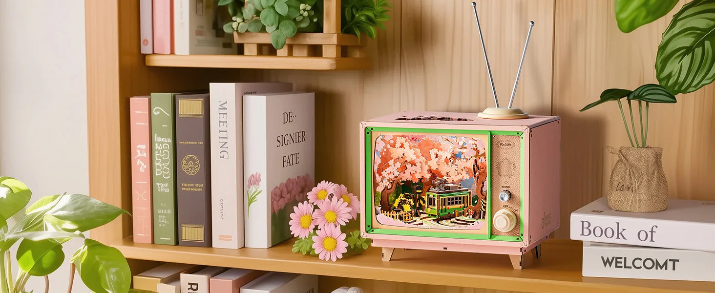 Robotime Rolife Sakura Dreamy Tour 3D Wooden Puzzle Music Box | LED Light & Moving Tram | Therapeutic DIY Gift for Teens & Adults