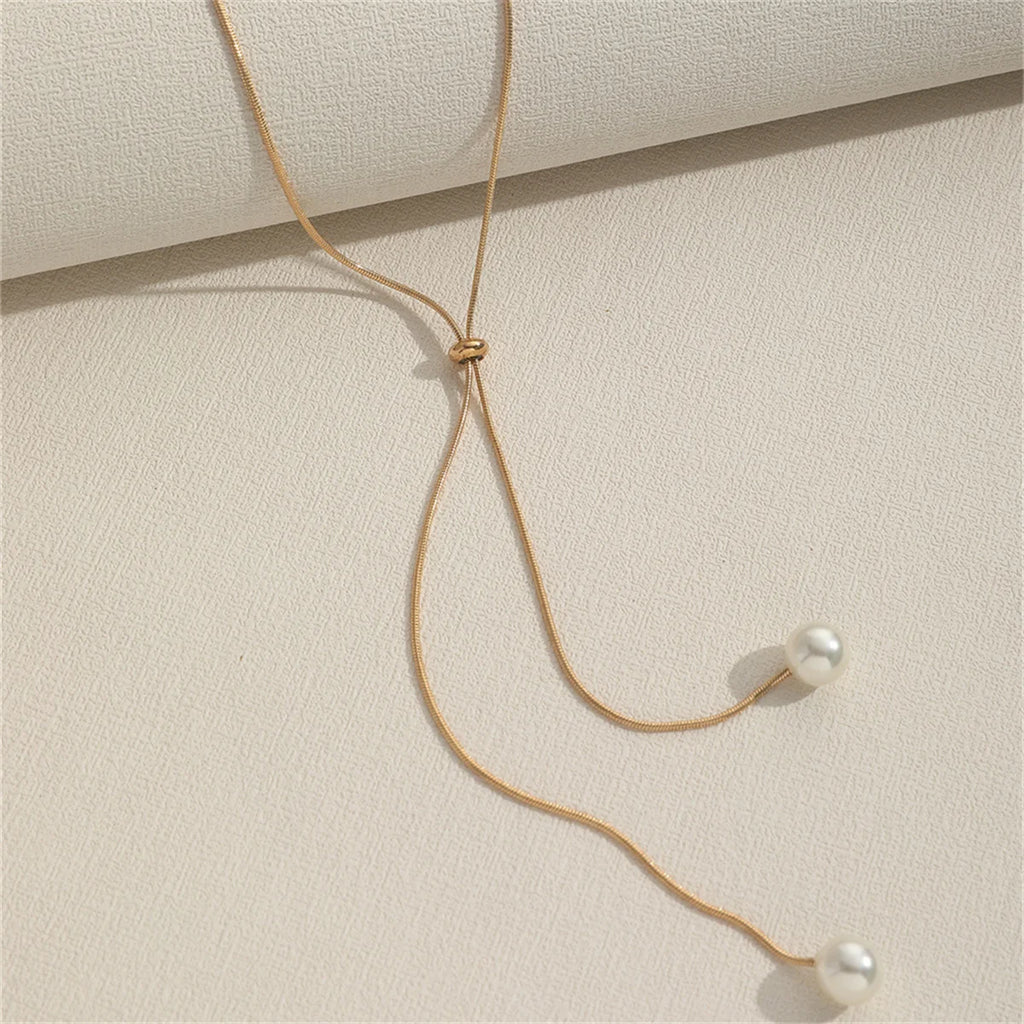 Adjustable Chain Necklace with Simple Faux Pearl Pendant Female Long Sweater Fashion Jewelry Gift Ornament