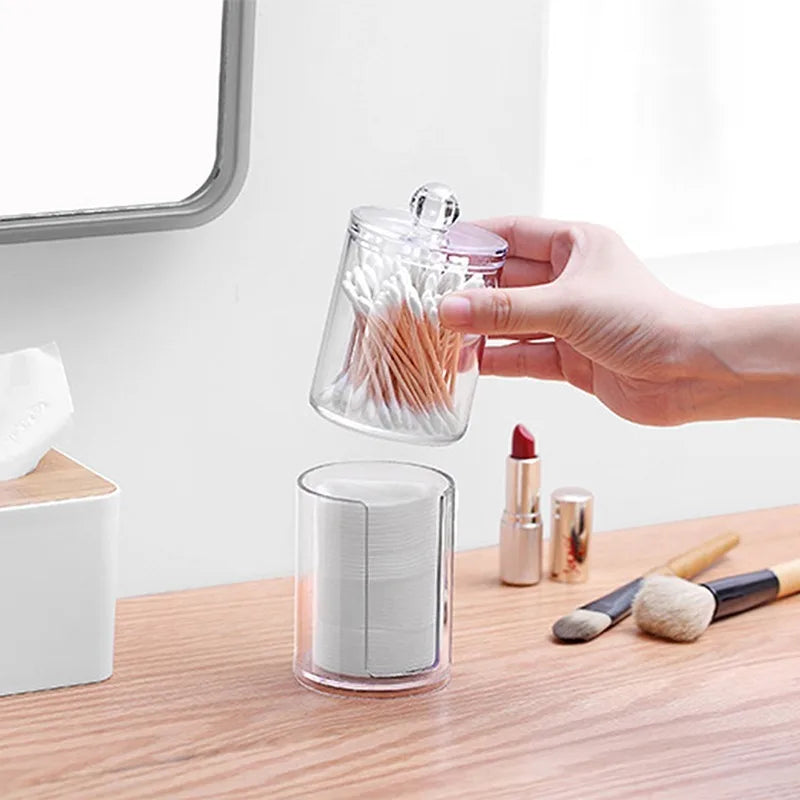 Acrylic Storage Box Bathroom Jar Makeup Organizer Cotton Round Pad Holder Cotton Swab Box Qtip Holder Dispenser with Bamboo Lid