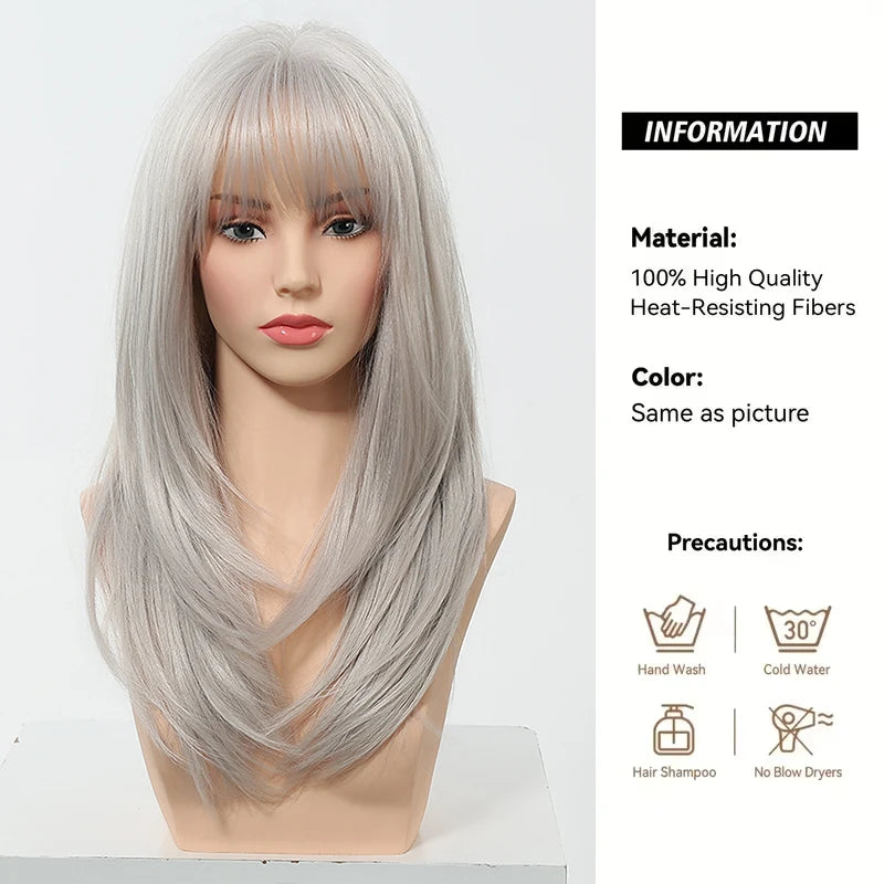 EASIHAIR Long Straight Gray White Synthetic Layered Wig with Bangs for Women Girls Natural Hair Cosplay Party Wig Heat Resistant