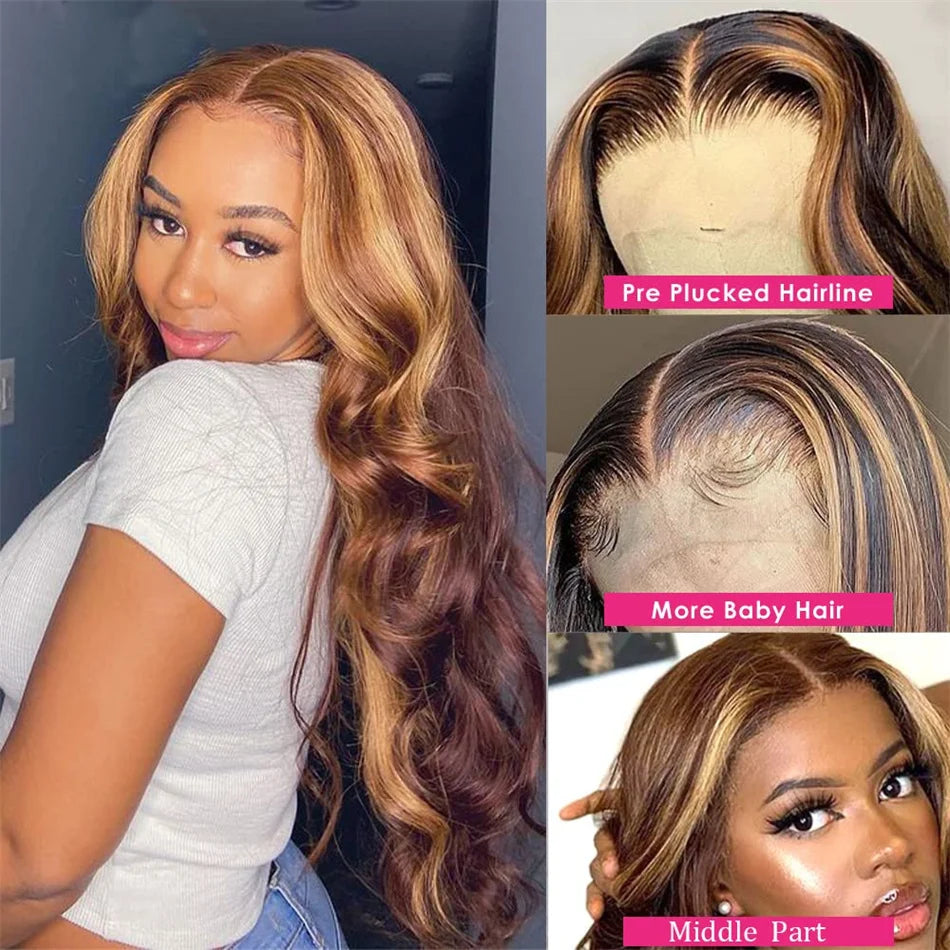 Highlight Body Wave 13x6 Lace Frontal Wig For Women 4/27 Brown Colored 13x4 Transparent Lace Front Human Hair Wig Pre Plucked