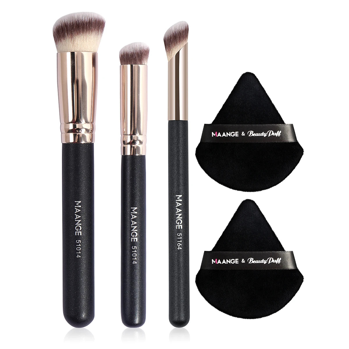 Maange 3-Piece Makeup Brush Set – Concealer, Eye Shadow & Blending Brushes with 2 Triangle Powder Puffs