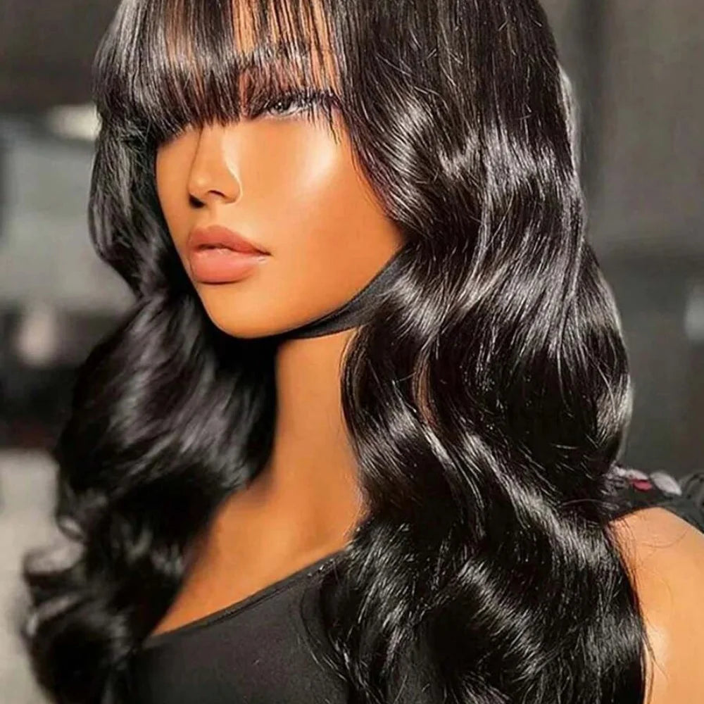 Body Wave Wigs with Bangs 3x1 Middle Part Lace Wig Human Hair Pre Plucked Body Wave Real Human Wigs with Bangs for Women 34 Inch