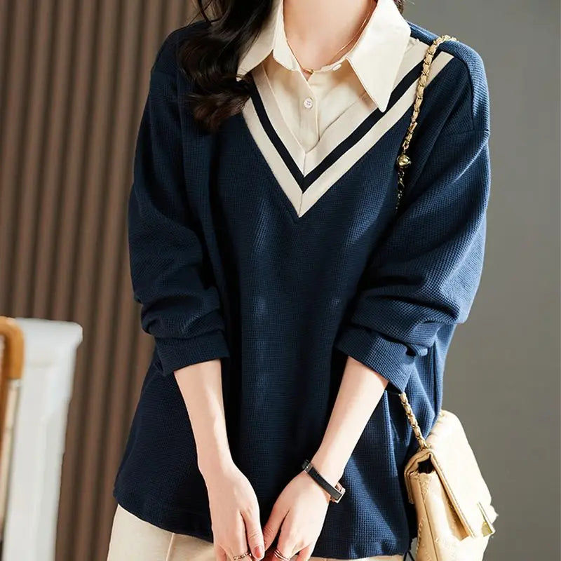 Women's Clothing 2022 Solid Loose T-Shirts Turn-down Collar Button Patchwork Autumn Winter Thin Preppy Style Casual Comfortable