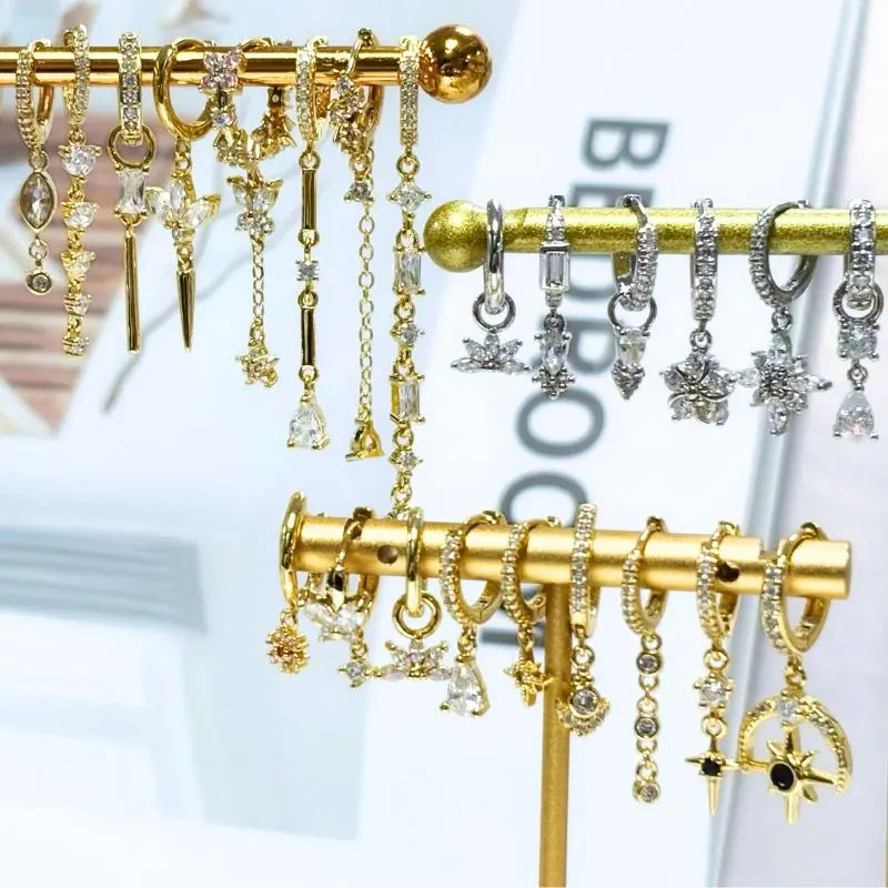 WOMEN 925 Silver Needle Water Drop Geometric Zircon White Zircon Crystal Flowers Pendant Hoop Earrings Fashion Wedding Jewelry