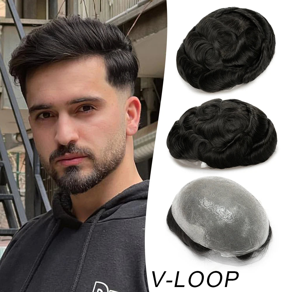 Wig Man Men's Capillary Prosthesis 100% Human Hair Wigs Men Toupee 0.03mm 90% 100% Density V Loop Human Hair Toupee For Men