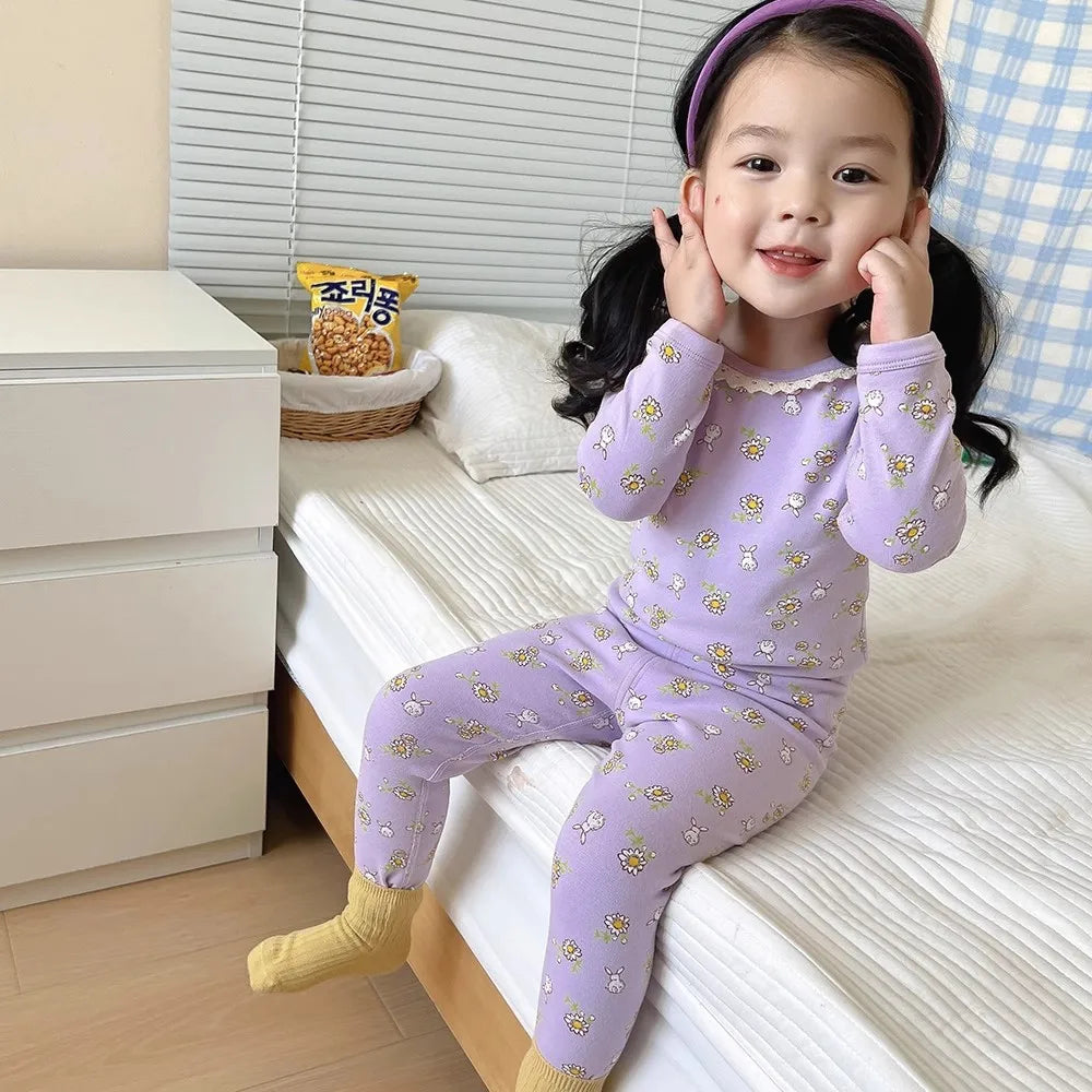 Girls' Floral Pajama Set – Soft Warm 2-Piece Spring & Autumn Baby Sleepwear