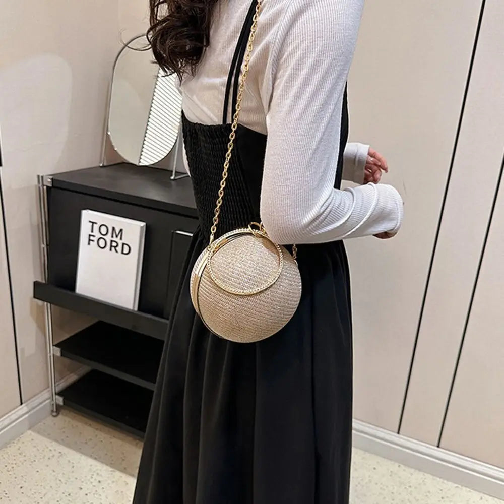 Gold Bright Silk Circular Evening Bag Women Banquet Clutch Rhinestone Decor Chain Shoulder Bags Luxury Female Party Handbags