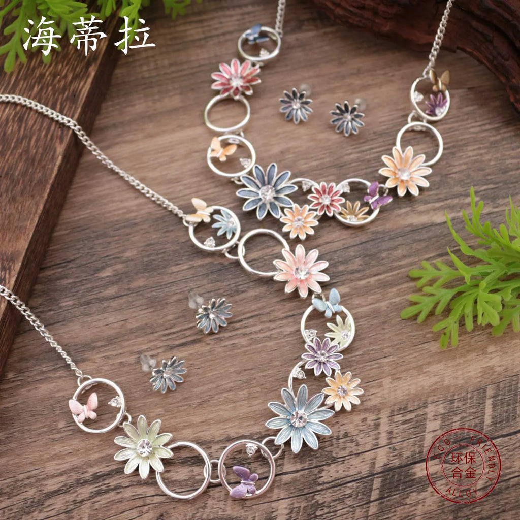 Enamel Daisy Stud Earrings & Necklace Set – Diamond Flower High-End Women's Jewelry