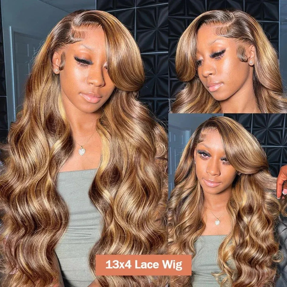 Highlight Body Wave 13x6 Lace Frontal Wig For Women 4/27 Brown Colored 13x4 Transparent Lace Front Human Hair Wig Pre Plucked