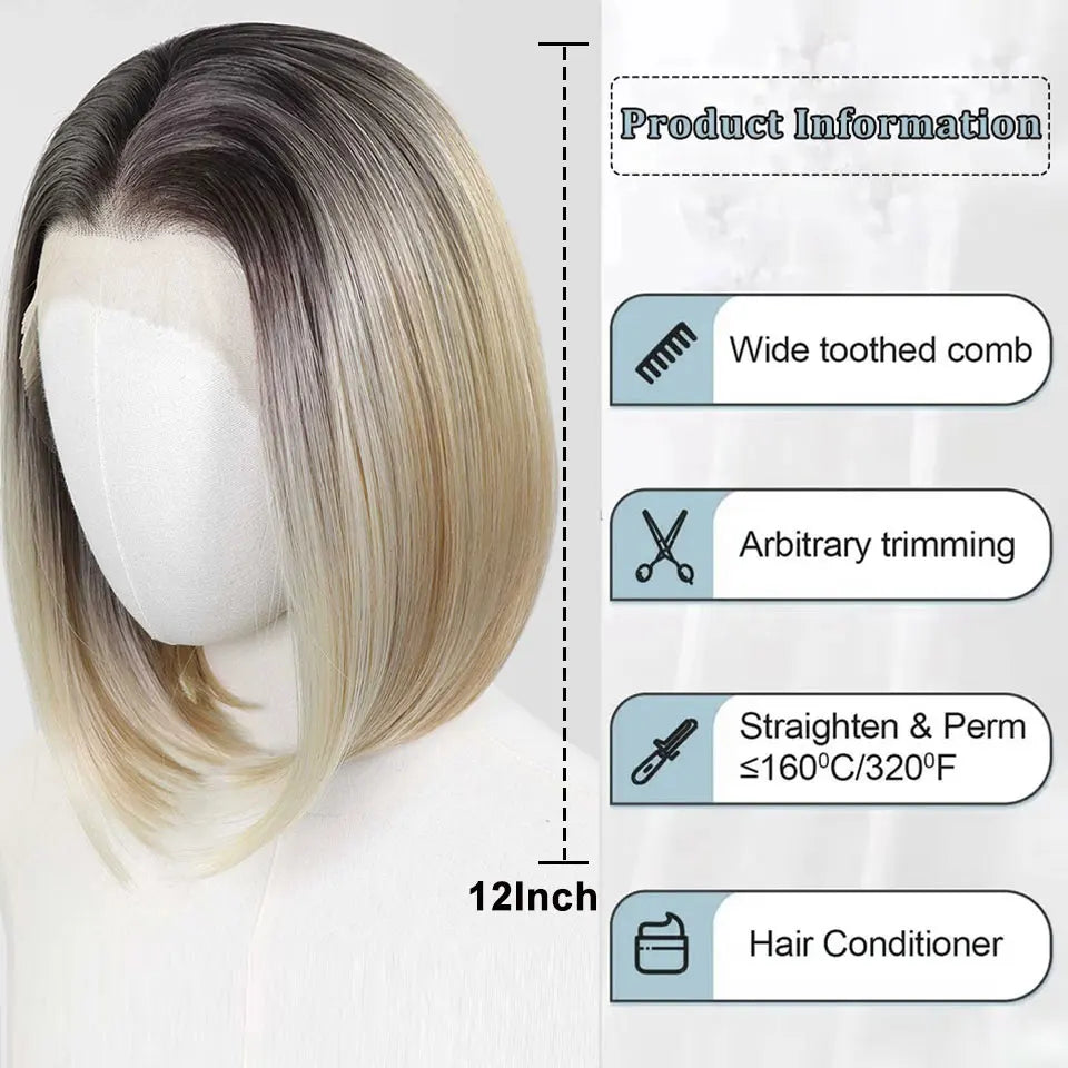 Ombre Blonde Highlight Short Bob Wigs Dark Roots Synthetic 13x4 Lace Front Brown Blonde Wig For Women Daily Use 150Density 12"