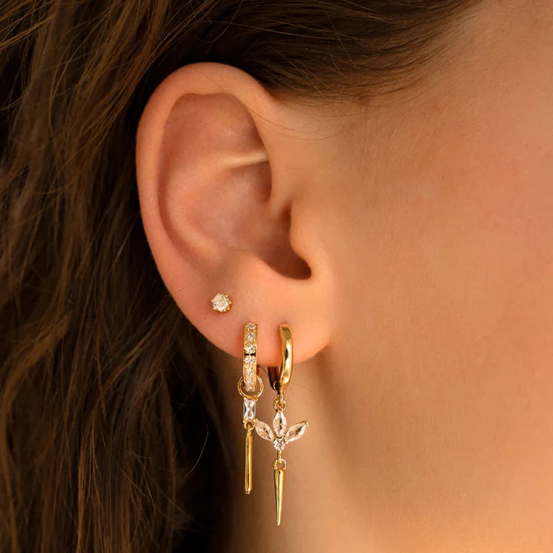 WOMEN 925 Silver Needle Water Drop Geometric Zircon White Zircon Crystal Flowers Pendant Hoop Earrings Fashion Wedding Jewelry