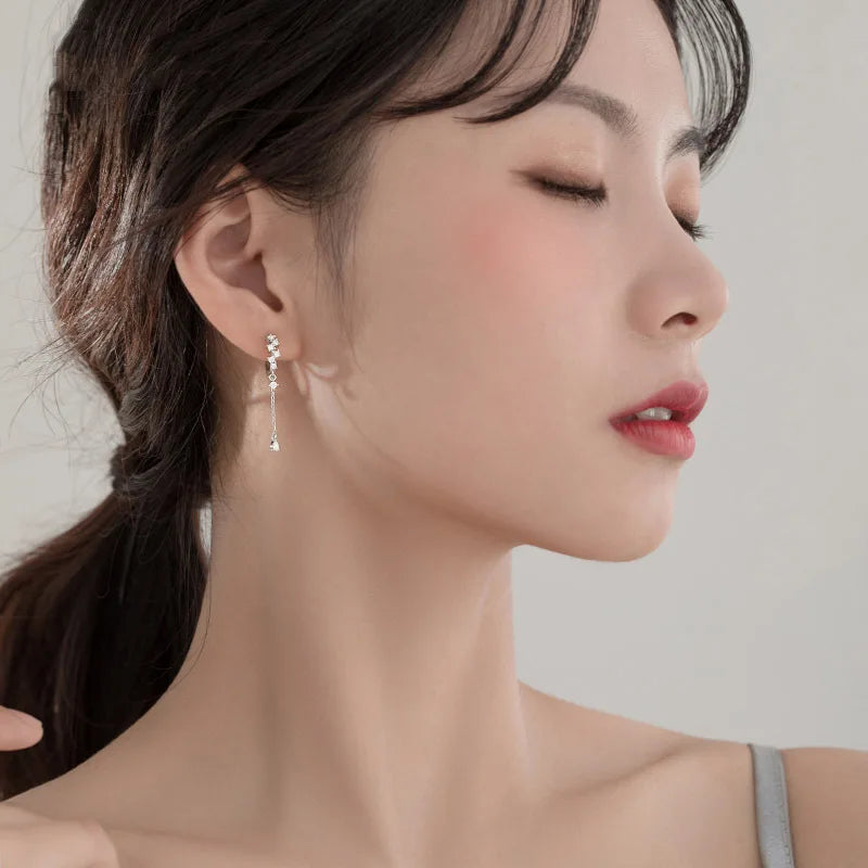 WOMEN 925 Silver Needle Water Drop Geometric Zircon White Zircon Crystal Flowers Pendant Hoop Earrings Fashion Wedding Jewelry
