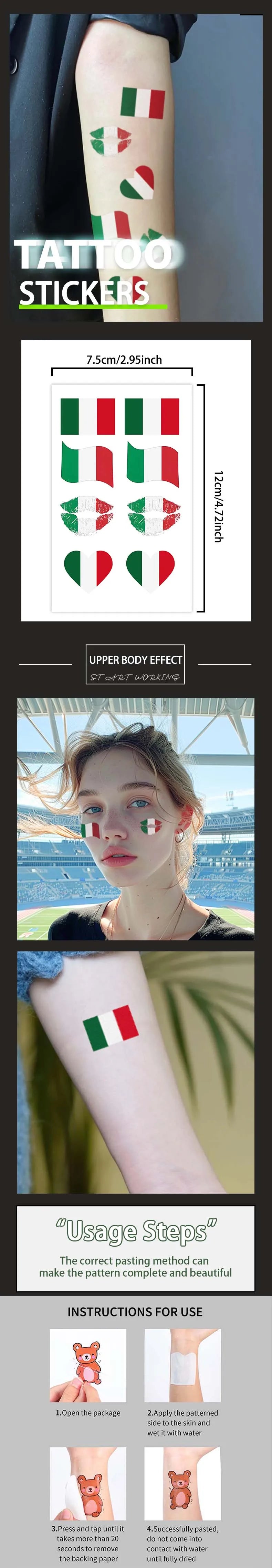 Italy Flag Temporary Tattoo Sticker, Long-lasting Waterproof, Realistic Non-reflective Fake Tattoo, for Men and Women