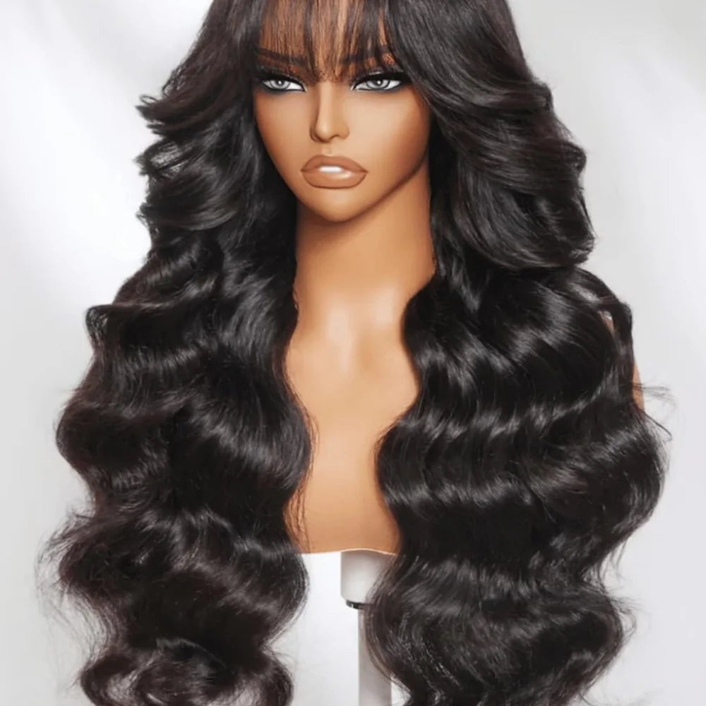 Body Wave Wigs with Bangs 3x1 Middle Part Lace Wig Human Hair Pre Plucked Body Wave Real Human Wigs with Bangs for Women 34 Inch