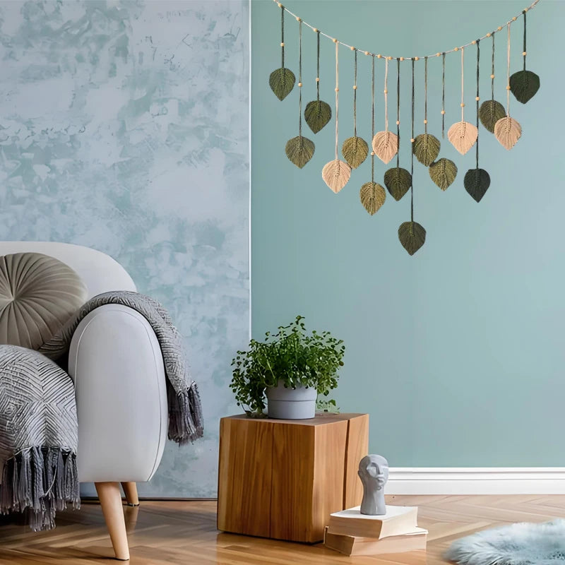 Boho Macrame Leaf & Feather Wall Hanging | Handmade Tapestry Wall Art | Living Room Bedroom Boho Home Decor