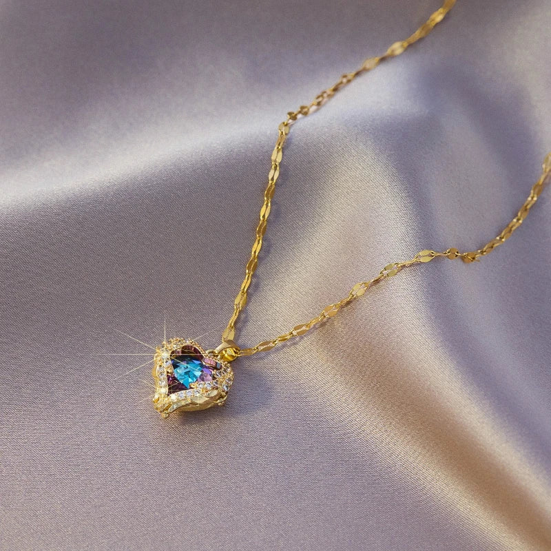 Top Luxury Colorful Crystal Ocean Heart Pendant Necklace for Women Trendy 316L Stainless Steel Jewelry Female Wedding Neck Chain