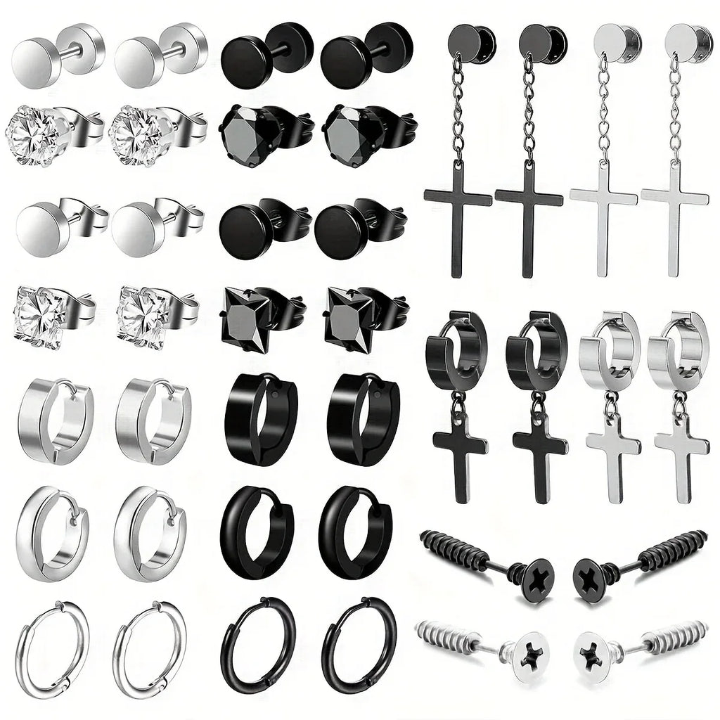 Simple Stainless Steel Zircon Stud Earrings For Men, Cross Pendant Hoop Earrings For Daily Wear