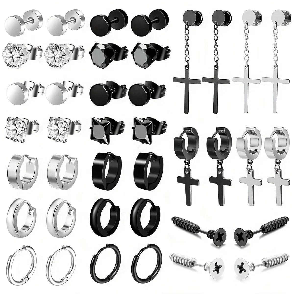 Simple Stainless Steel Zircon Stud Earrings For Men, Cross Pendant Hoop Earrings For Daily Wear