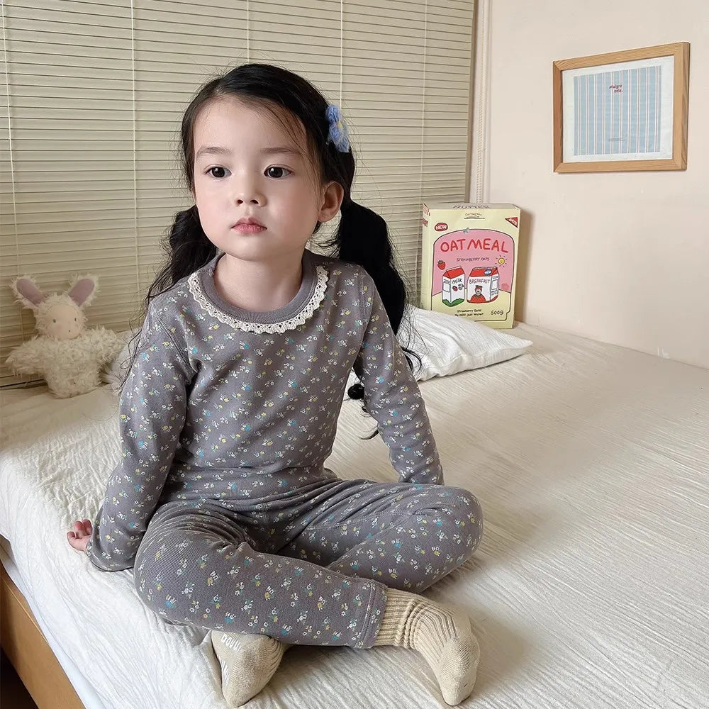 Girls' Floral Pajama Set – Soft Warm 2-Piece Spring & Autumn Baby Sleepwear