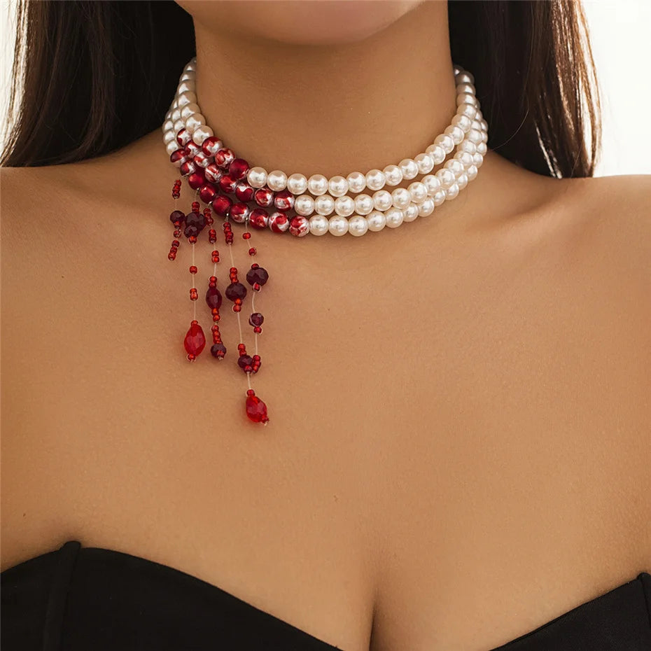 Multilayer Vintage Red Blood Pattern Imitation Pearl Tassel Pendant Necklace for Women Goth Crystal Bead Chain Halloween Jewelry