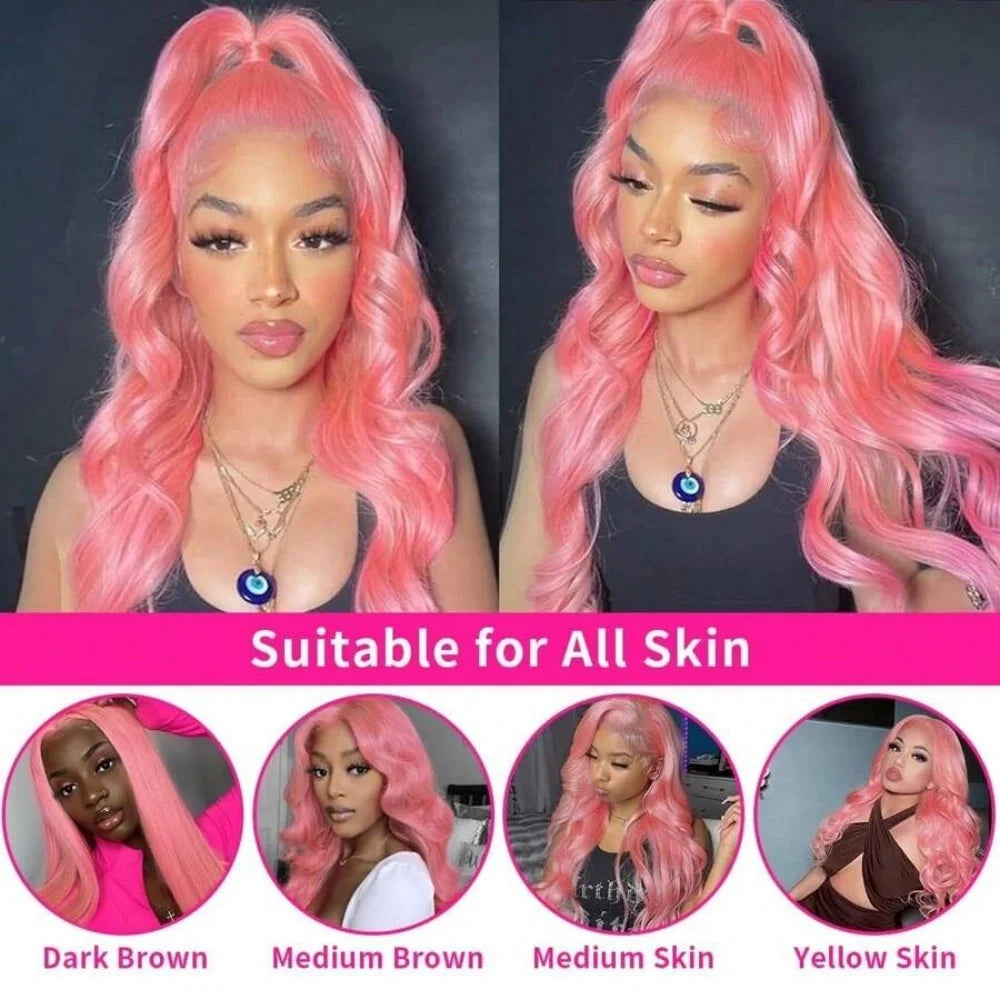 13x6 Pink Body Wave Lace Front Wigs For Women Long Wavy Hair Wig Soft Lace Wig With Natural Hairline Human Hair Party Cosplay