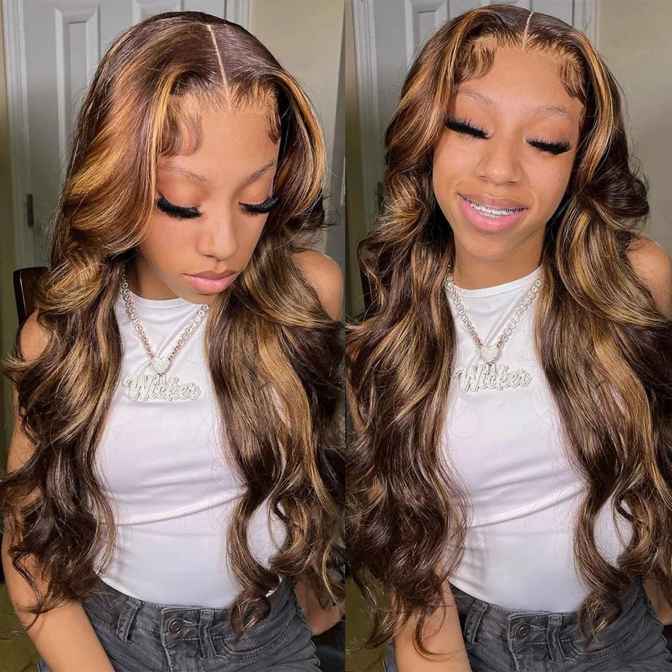 Highlight Body Wave 13x6 Lace Frontal Wig For Women 4/27 Brown Colored 13x4 Transparent Lace Front Human Hair Wig Pre Plucked
