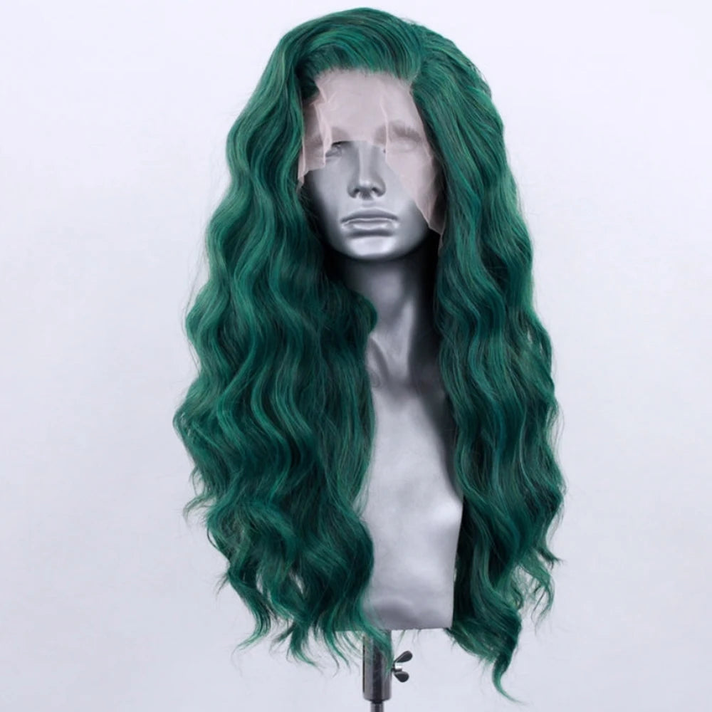 Dark Green Wig Long Curl Wig Synthetic Lace Front Wig Natural Wave Lace Wigs for Women Dailly Use Cosplay Loose Curly Wig Party
