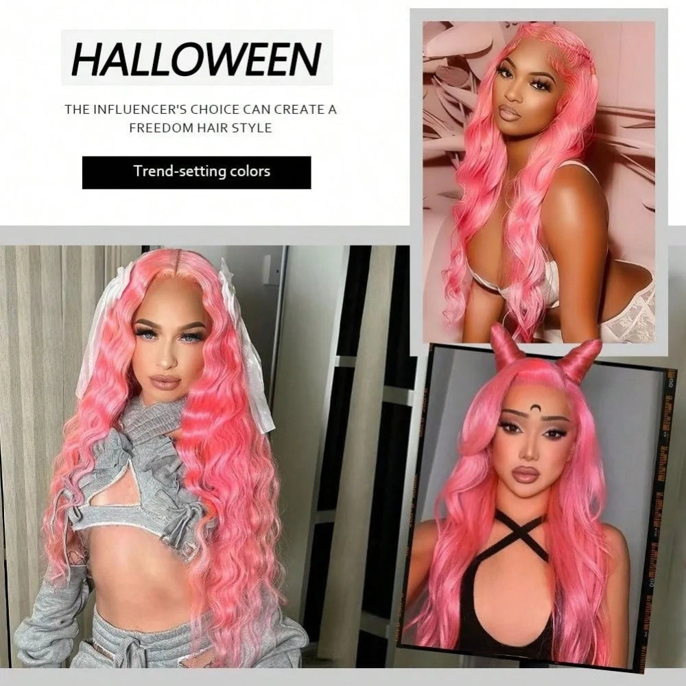 13x6 Pink Body Wave Lace Front Wigs For Women Long Wavy Hair Wig Soft Lace Wig With Natural Hairline Human Hair Party Cosplay
