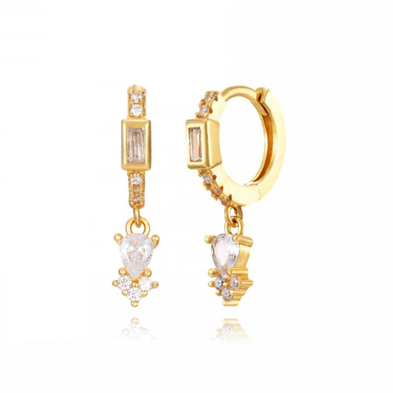 WOMEN 925 Silver Needle Water Drop Geometric Zircon White Zircon Crystal Flowers Pendant Hoop Earrings Fashion Wedding Jewelry