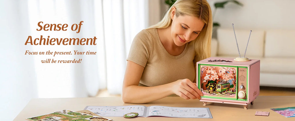 Robotime Rolife Sakura Dreamy Tour 3D Wooden Puzzle Music Box | LED Light & Moving Tram | Therapeutic DIY Gift for Teens & Adults