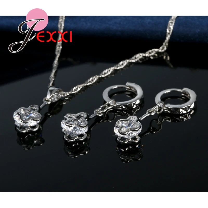 925 Sterling Silver Wedding Jewelry Set – Austrian Crystal Hollow Necklace & Dangle Earrings