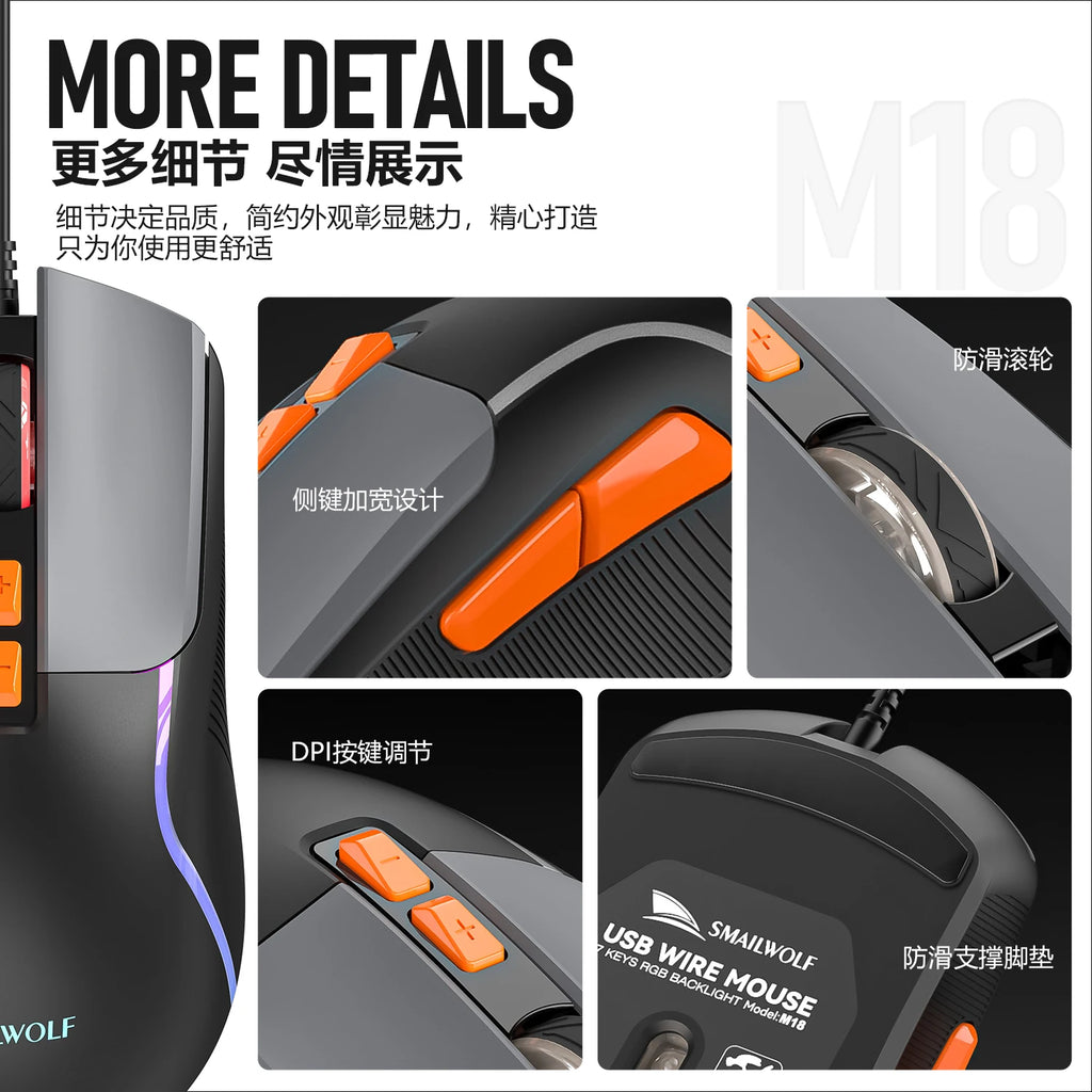 SMAILWOLF M18 RGB Gaming Mouse – Wired USB Ergonomic E-Sports Mouse for PC & Laptop