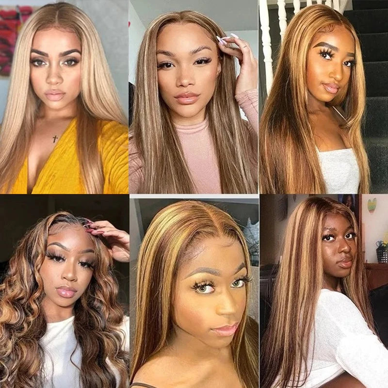 Highlight Colored Straight Lace Front Human Hair Wigs Honey Blonde 13X4 13x6 HD Transparent Lace Frontal Wigs For Black Women